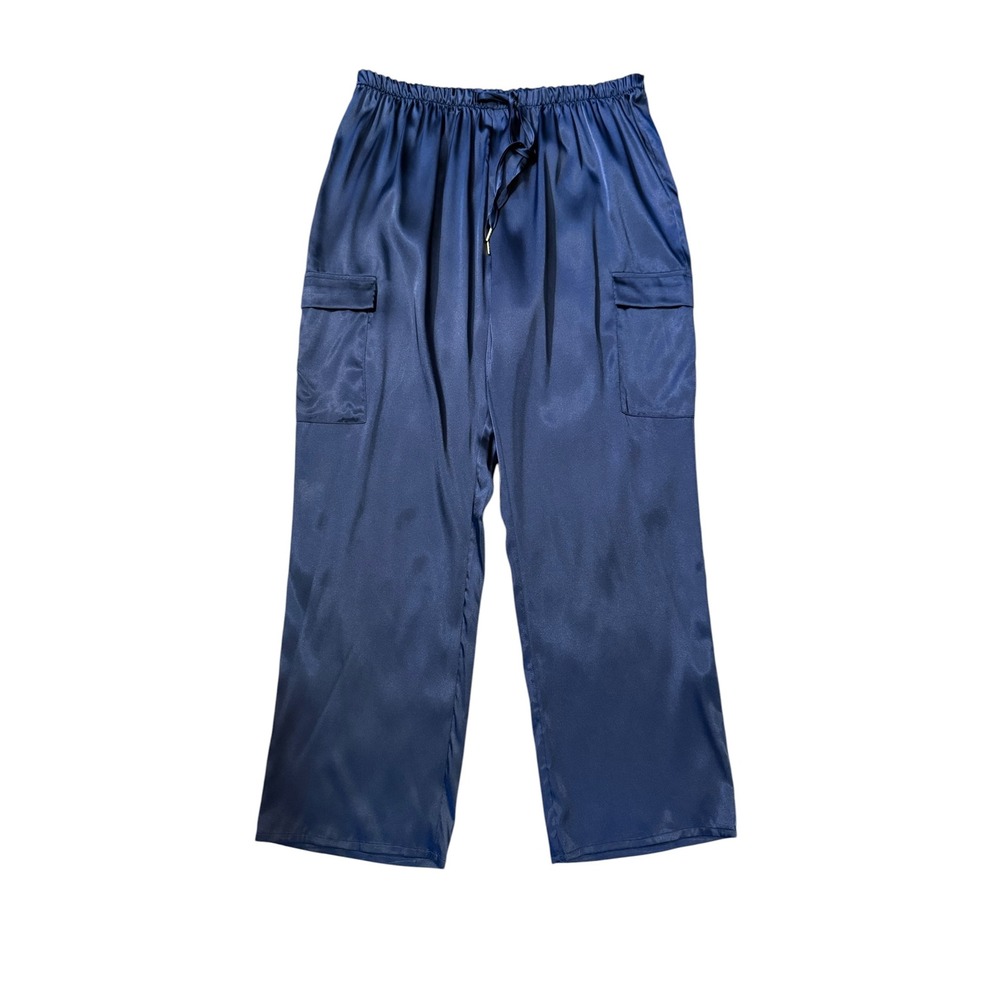 Nicole Miller New York Navy Blue Satin Cargo Pants Wide Leg Drawstring Size L